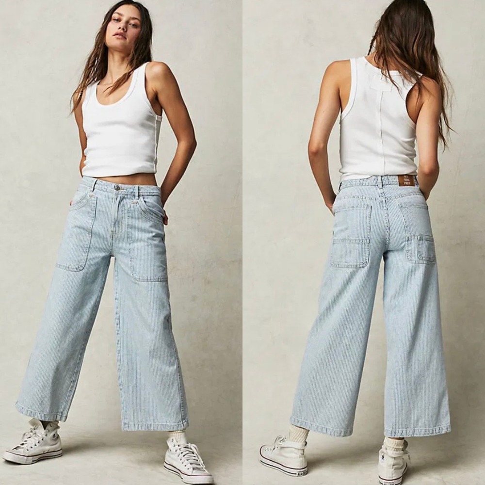 Free People WTF Piper Crop Jeans Womens 28 Railroad Stripe Wide Leg Denim Pants